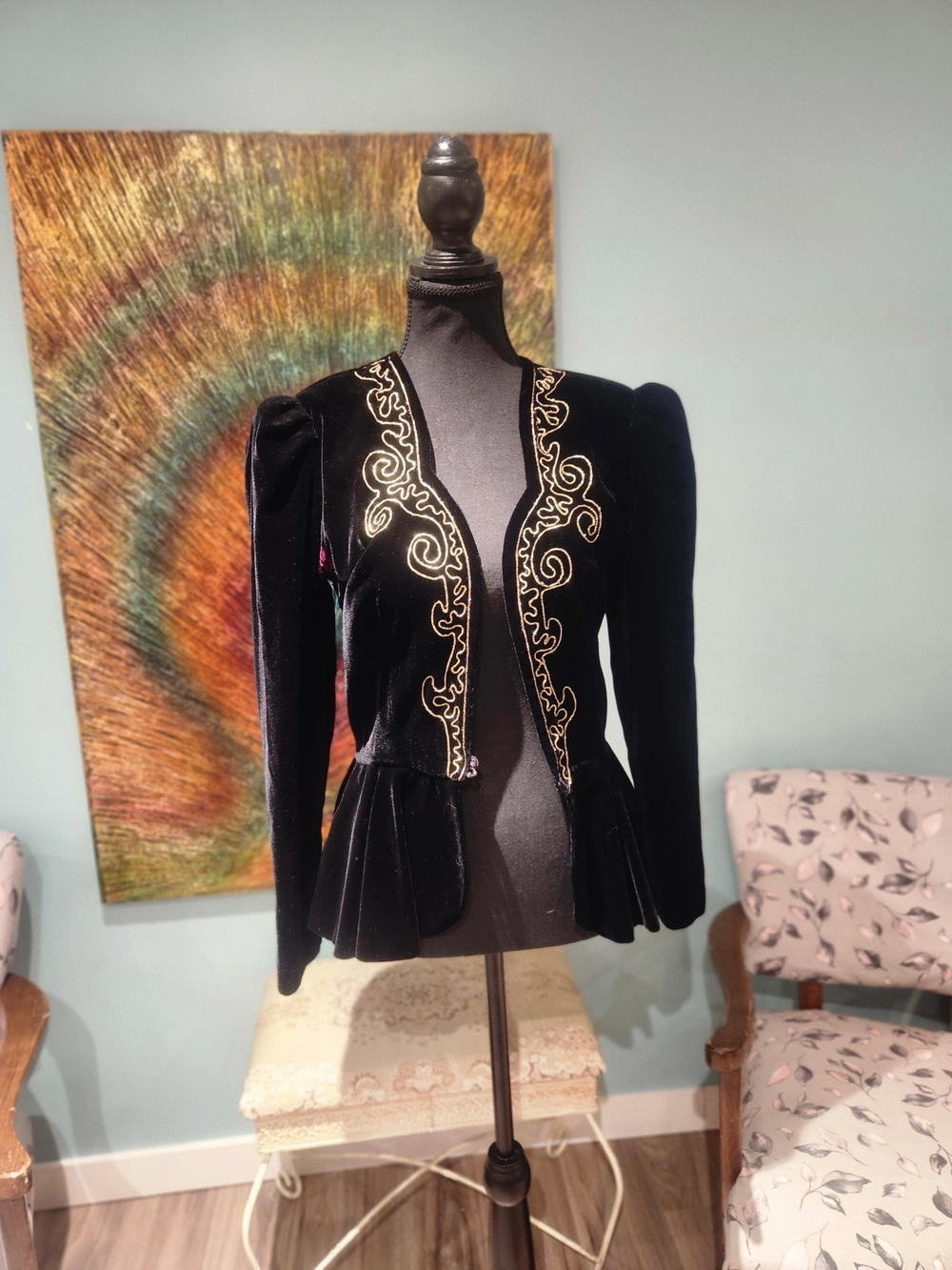 Vintage Black Velvet Embroidered Peplum Blazer